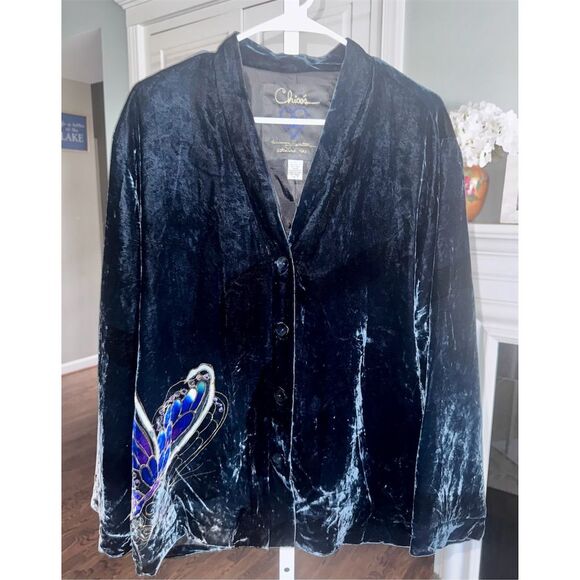 Chico's Embroidered Velvet Jacket Teal Green Size XL Mid-Length Butterfly - Picture 1 of 9